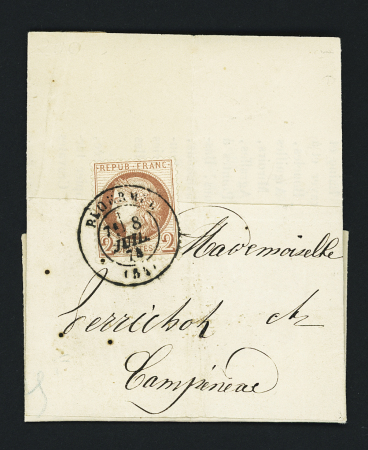 N°51, 2c brun-rouge, OBL T17 "Ploermel (54)" (1874) sur une circulaire locale commerciale pour Campénéac. TB