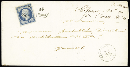 N°10, 25c bleu, OBL PC 2467 + cursive "54 Plouay" + T15 "Hennebont (54)" (1853) sur lettre, ind 17 +. TB