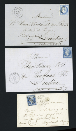 3 lettres avec GC 2899 + CAD T15 (1866) + boite rurale B, CAD T22 (1863) et CAD T17 (1873). TB