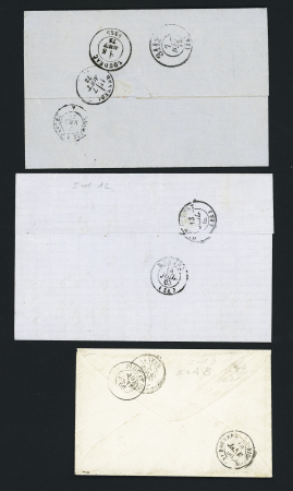 3 lettres avec GC 2899 + CAD T15 (1866) + boite rurale B, CAD T22 (1863) et CAD T17 (1873). TB