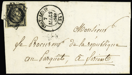 N°3 OBL grille + CAD type 14 "Port-Louis (54)" (1849) sur lettre, ind 20. Rare et TB