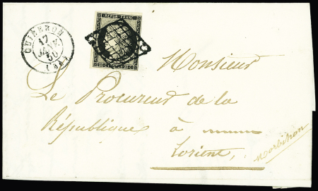 N°3 OBL grille + T15 "Quiberon (54)" (17 janv 50) sur lettre, ind 21. Rare et TB