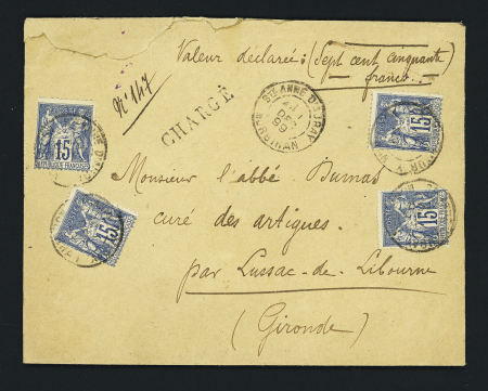 Sainte Anne d'Auray : n°90, 4 pièces, OBL CAD type A2 "Ste Anne d'Auray Morbihan" (1899) sur lettre chargée (VD 750F). TB