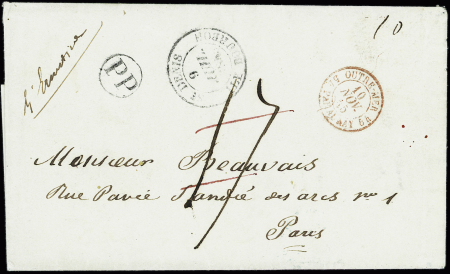 Lettre avec CAD "St Denis ile Bourbon" (1845) + "PP" noir dans un cercle + CAD rouge "Outre-Mer 54 Auray 54" + taxe 17 manuscrite rayée. Rare et TB