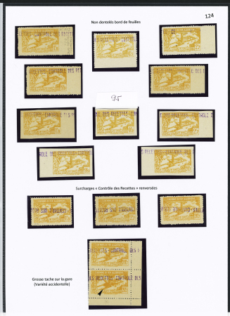 N°111 à 118 Ensemble de 15 timbres soit 5 N.D. bord de feuille, 5 N.D., 3 avec surch. « C des R » renversée, paire dont un avec grosse tache jaune sur la gare
