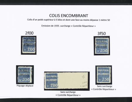 COLIS ENCOMBRANT N° 38/40 Ensemble de 5 timbres dont 2f25 sans surch. « C.R. », 3,50 piquage déplacé