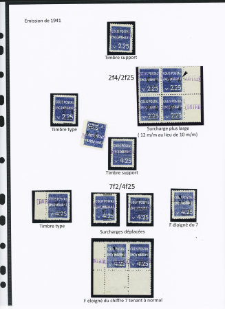 N°71/72 Ensemble de 12 timbres dont 2f4/2f25 surch. plus large, 7f2/4f25 surch. déplacées, F éloigné du 7
