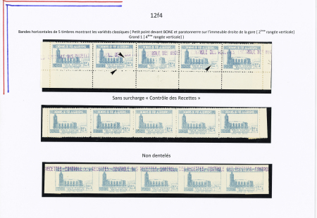 N°159 3 bandes horizontales de 5 timbres ( 1 normale, 1 sans surch.,1 N.D.) avec les variétés classiques