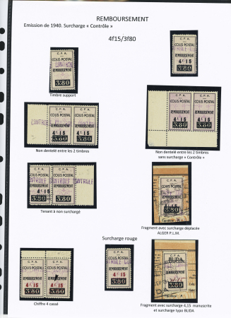 N°77 Ensemble de 10 timbres N. et 2 fragments, dont N.D. entre 2 timbres, N.D. entre 2 timbres sans surch. « C », tenant à non surch., surch. rouge, chiffre 4 cassé, fragment avec surcharge déplacée, fragment avec