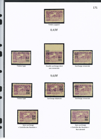 N°138/139 Ensemble de 8 timbres avec : 8,4, surch. renversée, double surch. dont une renversée ; 9,6, surch. renversée, déplacée, N.D., sans surch. « C des R »