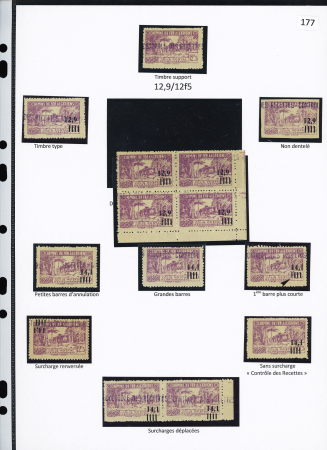 N°142/143 Ensemble de 13 timbres dont 1 N.D.,variétés de barres, surch. renversée,surch. déplacées, sans surch. « C des R »