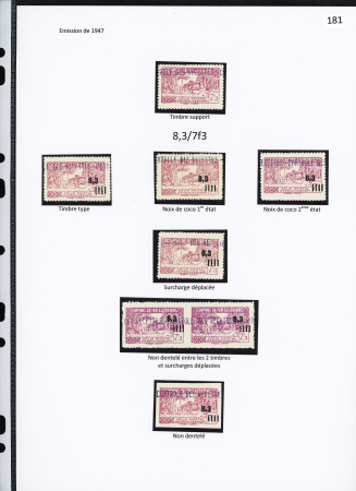 N°171 Ensemble de 7 timbres dont noix de coco Ie 1er et 2ème état, surch. déplacée, N.D. entre 2 timbres