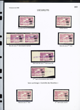 N°197 Ensemble de 9 timbres avec  noix de coco 1er et 2ème état, sans noix de coco (case 16), variétés de barre, sans surch. "C des R"