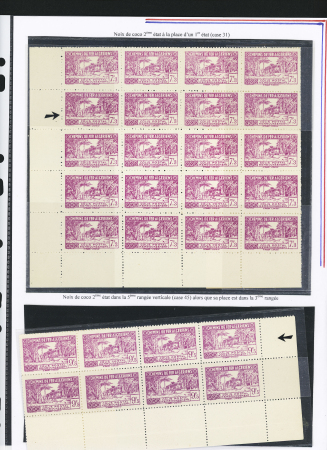 N°153/154 Bloc de 25 timbres N’ 153 sans surch. « C des R » avec noix de coco Ie 1er et 2ème état, noix de coco 2e"* état à la place d'un 1er état ( case 31) N° 154 dans bloc de 10, noix de coco 1er et 2eme é