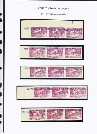 N°153 à 158 sauf 157 : 5 bandes de 3 timbres N.D. avec les noix de coco 1er et 2ème état