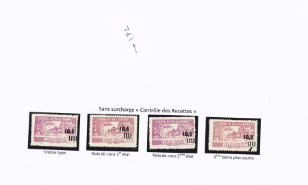 N°173 Ensemble sur 2 pages de 12 timbres dont 2 N.D., noix de coco 1er et 2ème état, noix de coco case 45, surch. déplacée, variétés de barres