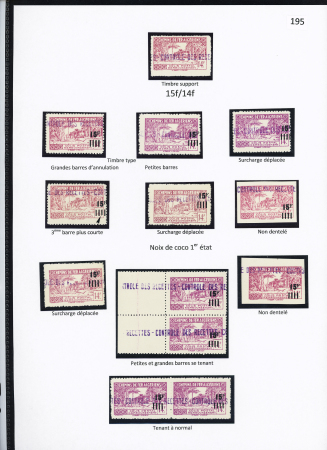 N°177 Ensemble sur 2pages de 26 timbres dont 6 sans surch. « C des R », 2 paires avec double surch. dont une renversée, piquage à cheval, 2 N.D., noix de coco, surch. Déplacée, variétés de barres