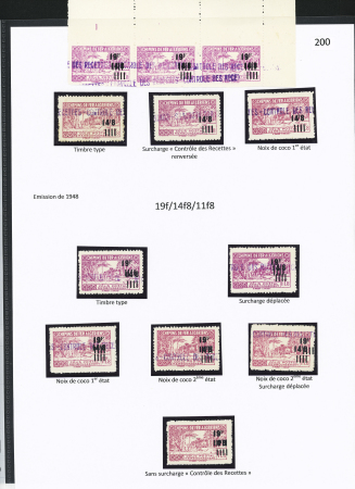 N° 176:3 timbres dont noix de coco 1er état, sans surch « C des R ». N° 199 : 6 timbres + 3 offerts, dont noix de coco 1er et 2ème état, surch. déplacée, sans surch. « C des R »