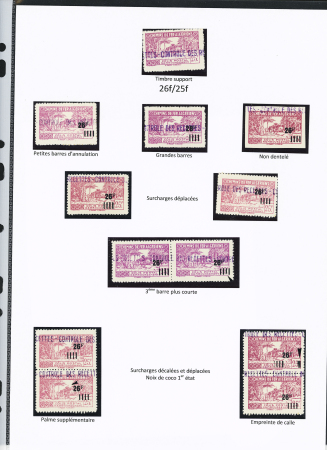 N°181 Ensemble sur 2 pages de 18 timbres dont N.D., surch. déplacée, palme supp., surch. décalées et déplacées, sans surch. « C des R »