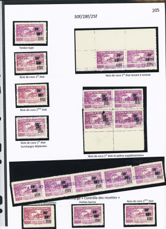 N°201 Ensemble de 18 timbres dont noix de coco 1er et 2ème état, 3 sans surch. « C des R » Surch. « C des R » renversée, surch. déplacées