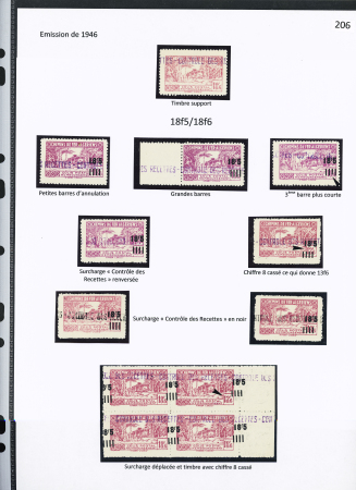 N°163 Ensemble sur 2 pages de 19 timbres dont surch. « C des R » renversée, chiffre 8 cassé donnant 3, surcharges déplacées, à cheval, double surch., N.D. surch. déplacée, N.D. double surch. dont une renversée