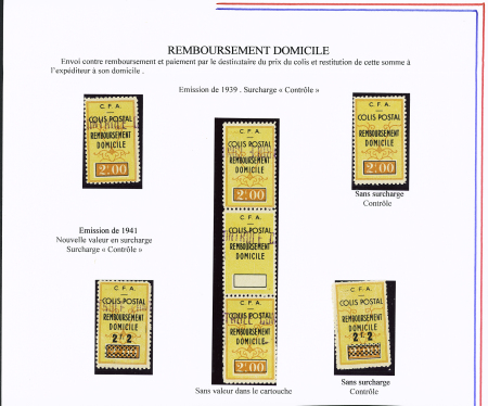 REMBOURSEMENT DOMICILE N° 69 : ensemble de 5 timbres dont 1 sans surch. « Contrôle », sans valeur dans le Cartouche entre 2 timbres. N° 82, 2 timbres dont un sans surch. « C des R »