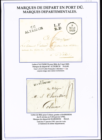 4 lettres sur 2 pages d'exposition avec MP "66 HABSHEIM" (35x8mm, ind.19) sur LAC 1795 de Bâle pour Colmar, "66 ALTKIRCH" pour Bâle 1829, "HUNINGUE 66" 1792, "66 HUNINGUE" en franchise 1797, TTB