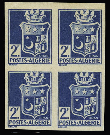 N°179f 2f bleu Oran, non dentelé en bloc de 4, **,
