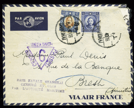 3 lettres avec griffe de censure de la base navale de Shanghaï, tous états (sur une lettre, un timbre manque)