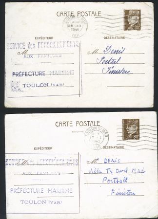 2 entiers cartes postales 80c Pétain brun du service des renseignements aux familles de Toulon (1941 et 1942) avec au verso 2 messages radios diff provenance cannonière Francis Garnier en Extrême-Orient. Rare et TB