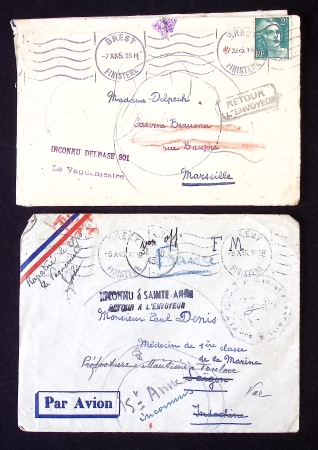 9 plis divers de poste navale dont CAD hex "croiseur Duguay Trouin" (1950), ravitailleur Jules Verne (1938 et 1939), "porte avions Lafayette" (1953 et 1954) et CAD rond "Brest-Arsenal Finistère" (1939). B et TB