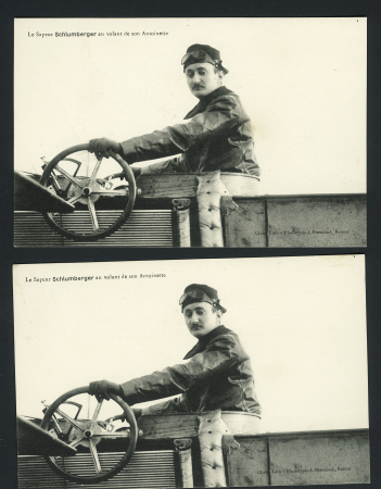 Carte postale "Le lieutenant Brocard sur Déperdussin" avec signature autographe (Brocard commanda l'Escadrille des Cigognes et recruta Guynemer) + 2 CP neuves "Le Sapeur Schlumberger au volant de son Antoinette" et 1 le