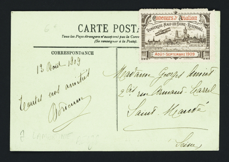 N0137 sur carte postale avec vignette bistre et rouge "concours d'aviation Dunkerque - Malo les Bains - Rosendaël aout septembre 1909. TB