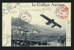Carte postale du rallye aérien de Monaco avec vignette rouge avec CAD violets "Rallye aérien avril 1914 Paris" et "Rallye aérien avril 1914 Monaco". TB