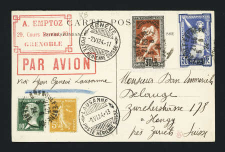 N°158 + 170 + 185 + 186 OBL Grenoble (5.6.24) sur carte postale du vol Lyon - Genève - Lausanne (courrier Emptoz - M104). TB