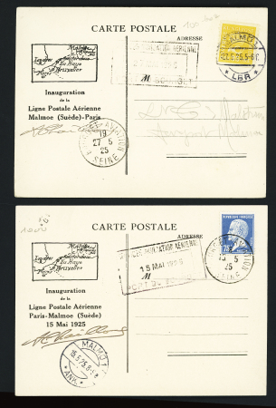 15 mai 1925 Paris - Malmoé (Suède) et 27 mai 25 Malmoé - Paris, 2 cartes spéciales, toutes deux avec signature du pilote Chailloux (M126 France et M27 Suède). TB