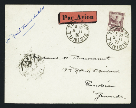 Tunisie n°137 OBL Tunis RP (30.11.26) sur lettre pour Caudéran avec arrivée 2.12 et mention manuscrite "1er raid Tunis - Antibes" (Muller n°5 - Tunisie). TB
