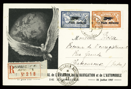 France PA n°1 + 2 (cote 500€) OBL CAD rond "Salon aviation navigation Marseille (26.7.27) sur carte postale spéciale du salon. Petites rousseurs sur les dents des timbres sinon TB.