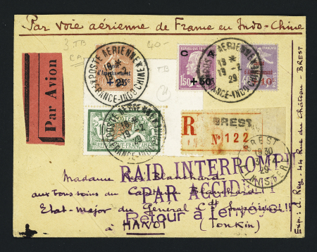 N°207 + 249 à 251, caisse d'amortissement OBL grand CAD "Poste aérienne France - Indochine" (19.2.29) sur lettre pour Hanoï avec grande griffe violette "Raid interrompu par accident "retour à l'envoyeur" (accident C