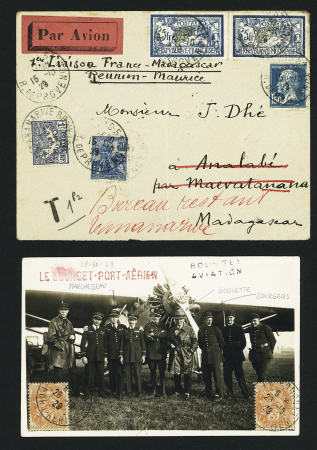 17.27.1929 - France - Madagascar par Goulette - Marchesseau et Bourgeois - lettre taxée à Tananarive (Muller n°238). On joint une CP photo AFF n°109, 2 pièces, avec les aviateurs devant leur avion. TB