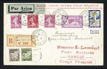13/20.12.29 Paris - Bangui par Roux et Caillol (étape du raid France - Madagascar), lettre recommandée avec Oubangui taxe n°2 + 3 (Muller n°250). Rare et TB