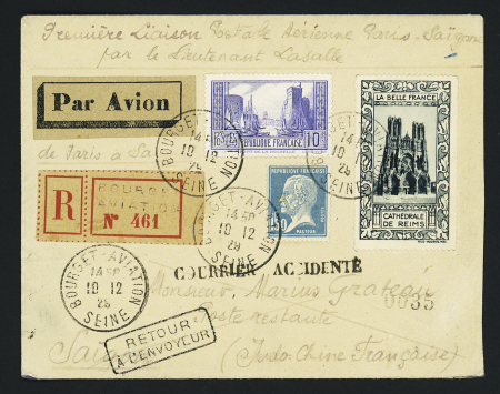 14.12.1929 Paris - Saïgon par Lasalle, Rebart et Faltot accidenté Tripolitaine, lettre recommandée ave griffe noire "Courrier accidenté" (M251). TB