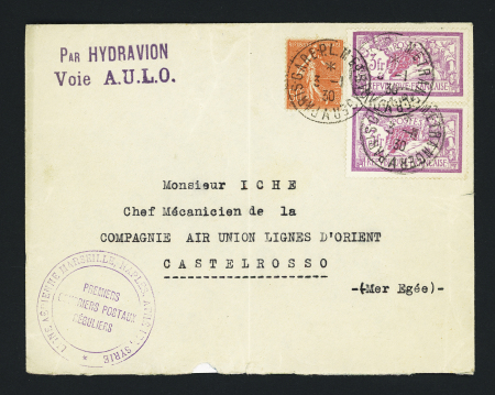 N°199 + 240, 2 pièces OBL CAD "Paris Gare PLM étranger" (3.1.30) sur lettre pour Castelrosso (Castellorizo) avec griffe noire "par hydravion voie AULO" avec arrivée au verso. TB