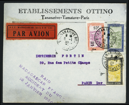 10.1.30 Tananarive - Paris par Roux, Caillol et Dodement avec griffe violette type 1 "Raid Madagascar France accident du 13 janvier 1930" (Muller n°9 - Madagascar). TB