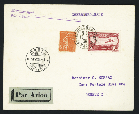 10.7.1930 Cherbourg - Bâle - Lettre AFF n°199 + PA5 OBL CAD "Cherbourg maritime Manche". Arrivée au recto Bâle même jour (M270 - 80 plis existants). TB