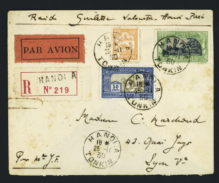 19.26.11.1930 Lettre ayant emprunté les vols Hanoï - Saïgon (26.11.30) et Saïgon - Paris par Goulette et Lallouette (M42 + M42a Indochine). TB