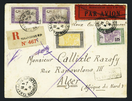 10/4 - 1/6 - 1931. Lettre avec au verso griffe encadrée noire "Raid aérien Madagascar - France avril 1931" (Raid Goulette, Salel, Boutillier et Richard). M11a Madagascar. TB
