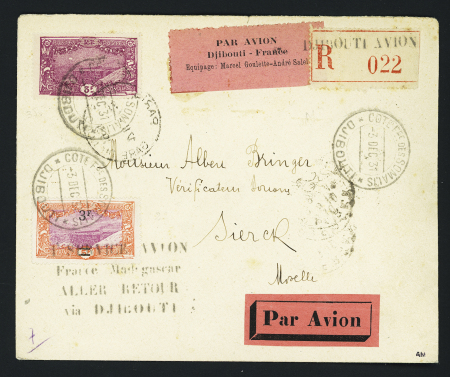 4/7.12.1931 Djibouti - France par Goulette, env recommandée avec étiquette spéciale rose + griffe noire (M7 Côte des Somalis). TB