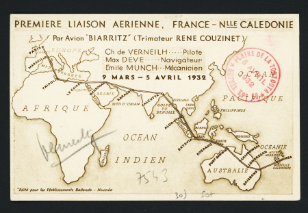 9.3.1932 France - Nouméa par de Verneilh - carte postale spéciale bistre éditée à Nouméa (Ed. Ballande) à la fin du Raid avec cachet rouge "Plaine de la Tontouta" (CF M300). TB
