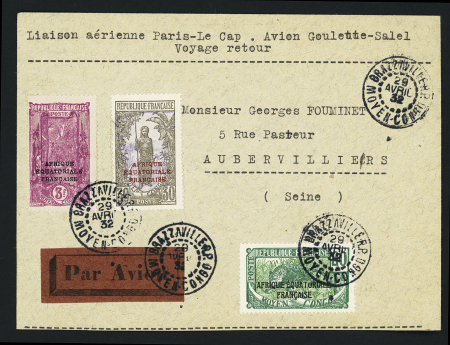 30/4 - 8/5 - 1932. Pointe noire - Brazzaville - Paris par Goulette et Salel (M8 Congo). Peu courant. TB